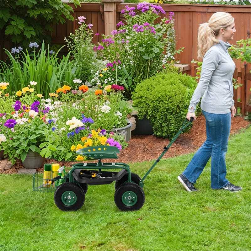 Heavy Duty Rolling Garden Cart with 360° Swivel Seat, Extendable Handle, Tool Tray & Storage Basket, 4-Wheel Gardening Workseat for Patio Yard