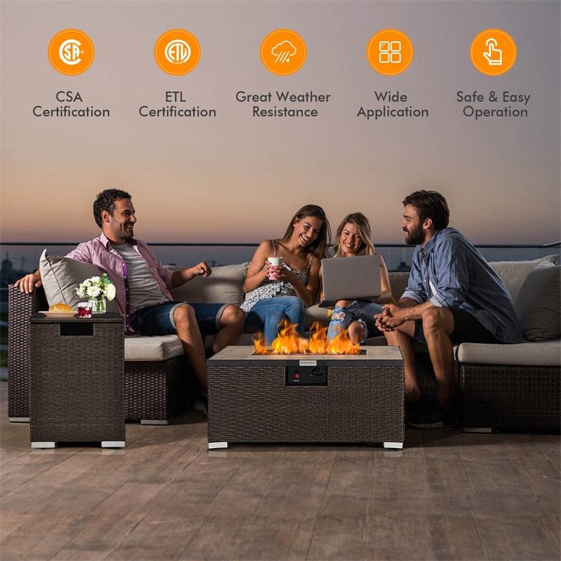 2-Piece Rattan Outdoor Fire Pit Table Set with Hideaway Tank Holder, Lava Rocks & Cover, 40,000BTU Wicker Propane Fire Table for Patio, Backyard
