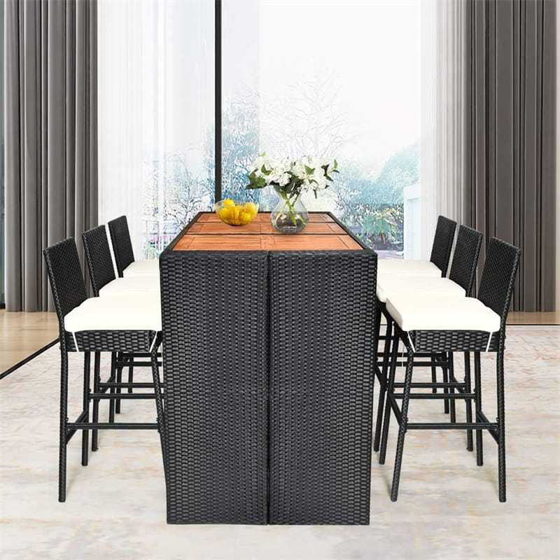 7-Piece Wicker Outdoor Bar Set with Acacia Wood Table Top, 6 Bar Stools & Removable Cushions, Rattan Patio Furniture for Poolside, Backyard, Dining