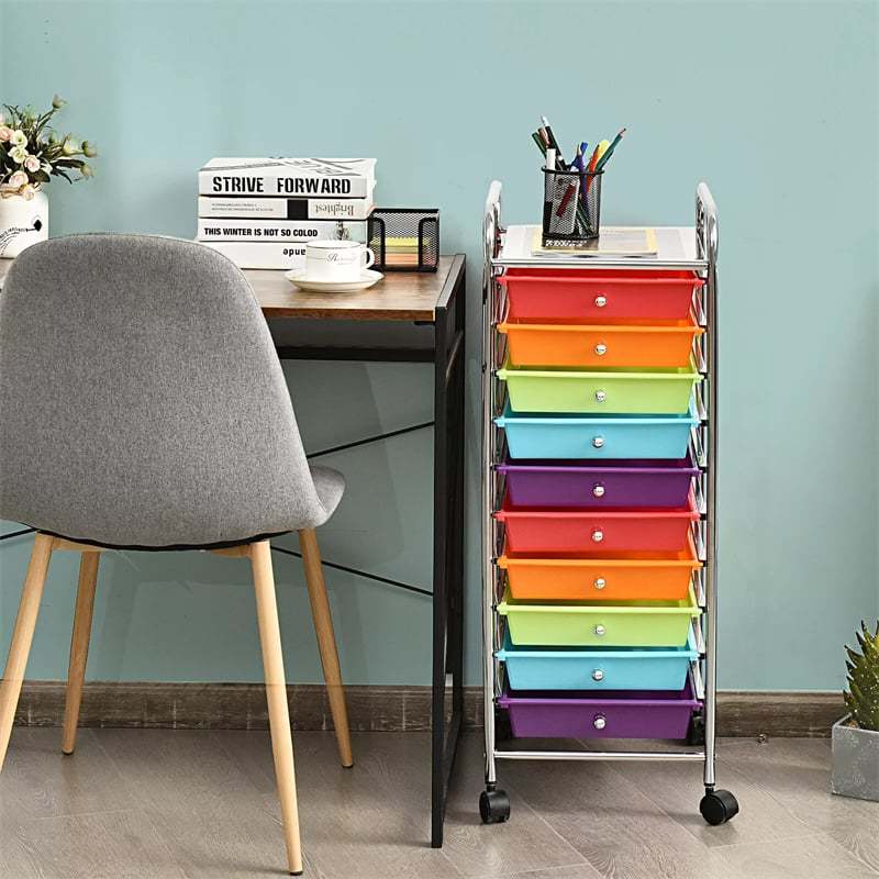 10-Drawer Rolling Storage Cart, Utility Cart with Drawers & Lockable Wheels, Mobile Art Craft Drawer Cart for Home Office, School