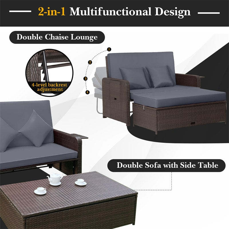Patio Rattan Daybed Set, Outdoor Wicker Loveseat Sofa w/Multipurpose Ottoman, Retractable Side Tray, 4-Level Adjustable Backrest & Cushions