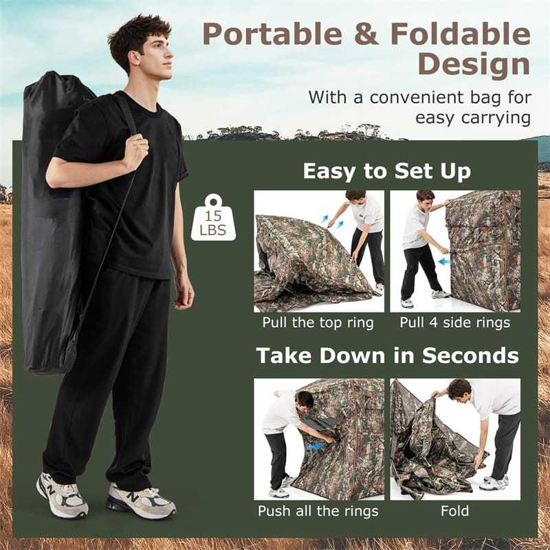 360° One-Way See-Through Hunting Blind with Full-Open Door & Portable Carrying Bag, Pop Up Ground Blind 2-3 People Hunting Tent for Deer Turkey