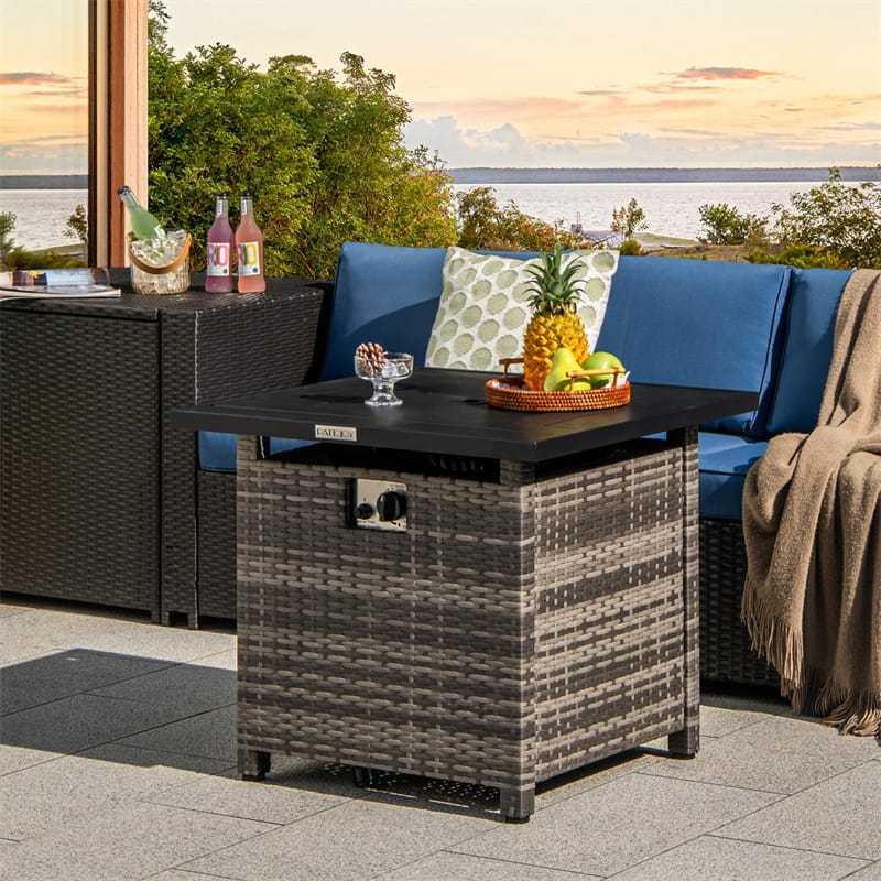 29" Wicker Rattan Propane Fire Pit Table 50,000 BTU Outdoor Square Fire Pit with Lava Rocks, Protective Cover, Heavy-Duty Metal Frame & Tabletop
