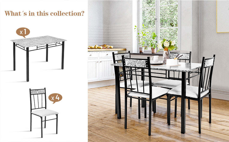 5 Piece Faux Marble Kitchen Dining Table Set with 4 Padded Chairs