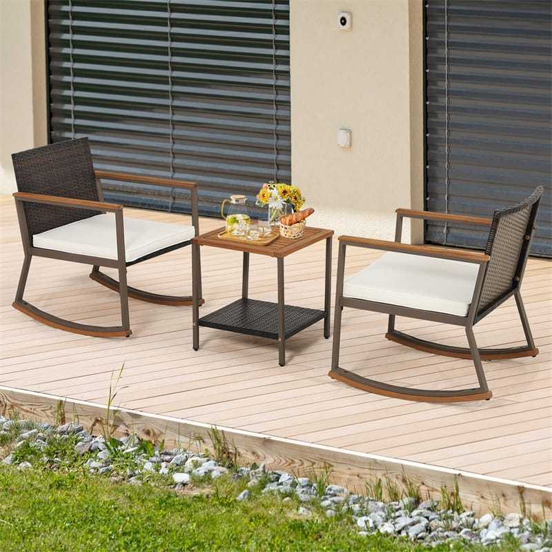 3-Piece Rattan Rocking Bistro Set w/ Cushions, Acacia Wood Top Coffee Table & Storage Shelf, Patio Conversation Set for Balcony, Porch, Poolside