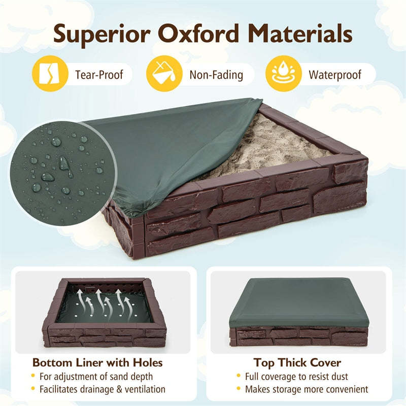 4FT Kids Sandbox, Weather Resistant HDPE Square Sand Pit with Oxford Cover & Bottom Liner for Outdoor Backyard, Lawn, Garden & Beach Play
