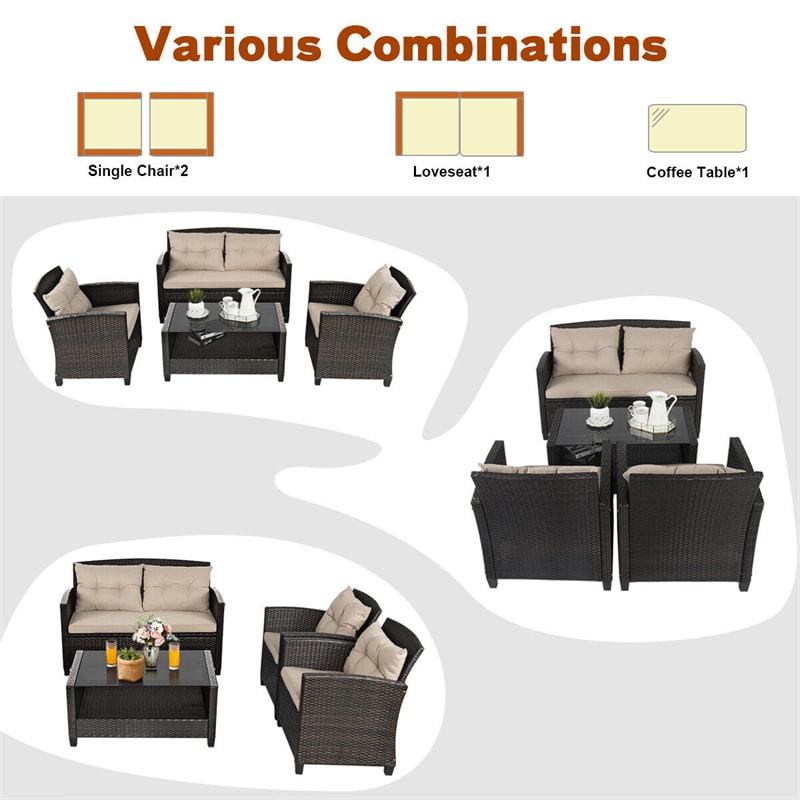 4-Piece Rattan Patio Conversation Furniture Set Outdoor Wicker Sectional Sofa with Cushioned Loveseat Chair & Glass Table