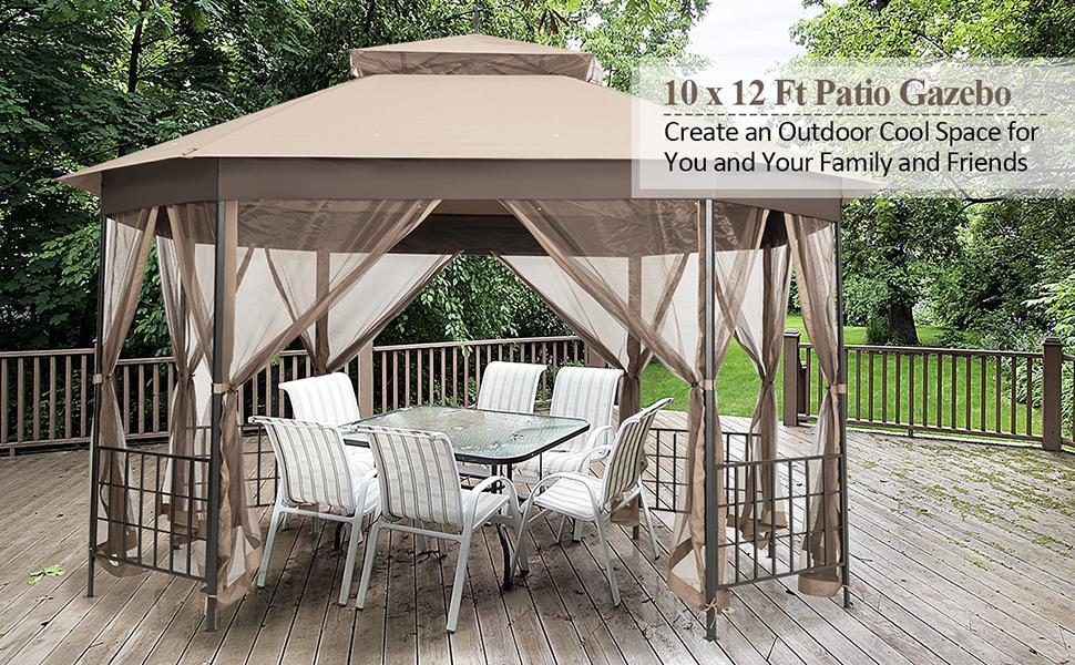 10’ x 12’ Heavy Duty Double Roof Octagonal Patio Gazebo Canopy with Netting Sidewalls