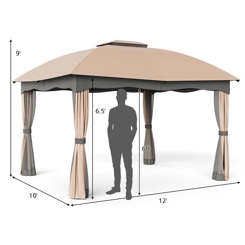 2 x 10FT Heavy Duty Steel Patio Gazebo, Double Vented Outdoor Canopy with Mesh Screen Netting & Zippered Privacy Curtains for Deck Garden Yard