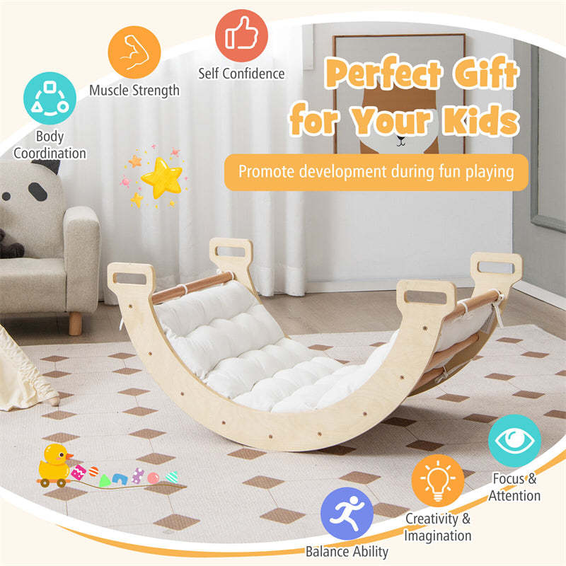 3-in-1 Montessori Climbing Arch Rocker Wooden Arch Climber Ladder Structure Pikler Arch Climbing Toys with Cozy Cushion for Toddlers Kids Gift