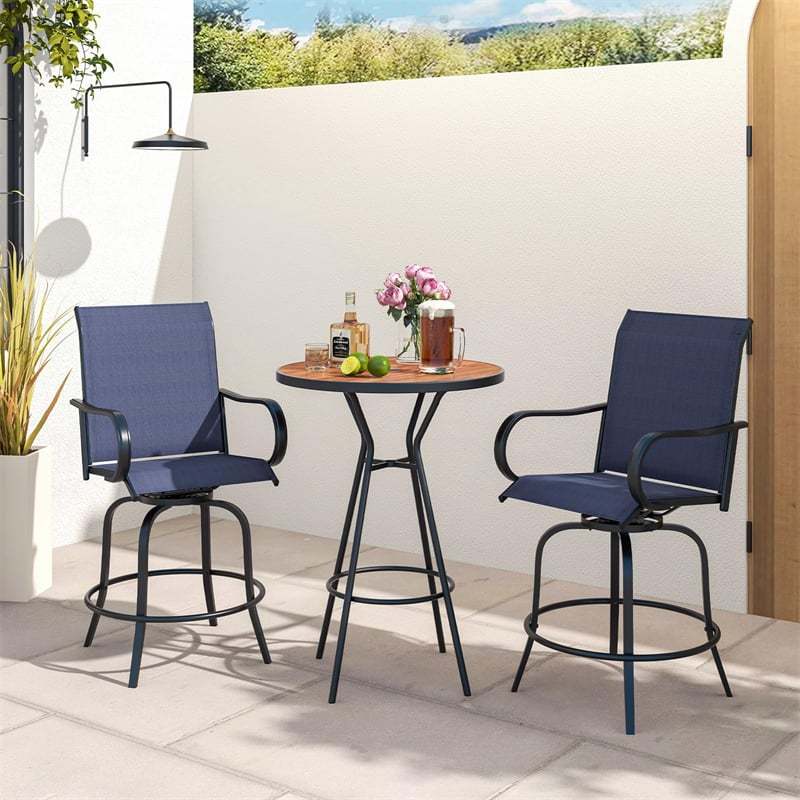 Outdoor Swivel Bar Stools Set of 2, All-Weather Steel Frame Bar Height Patio Chairs with Curved Armrests, High Back & Cozy Footrest