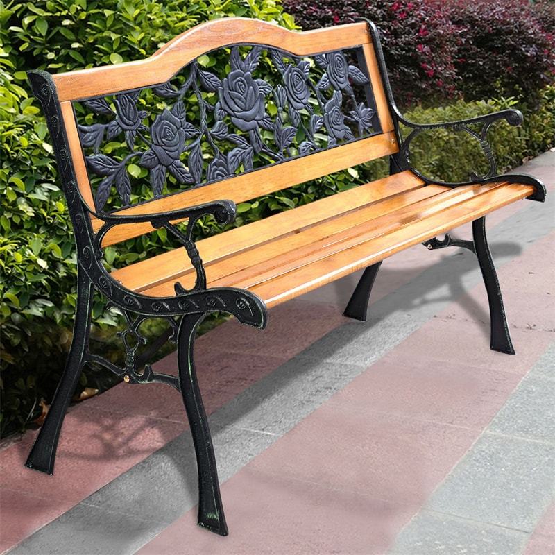 50" Patio Park Bench, Cast Iron Hardwood Outdoor Garden Bench with Backrest, Slatted Seat & Curved Armrests, Weatherproof Porch Path Chair