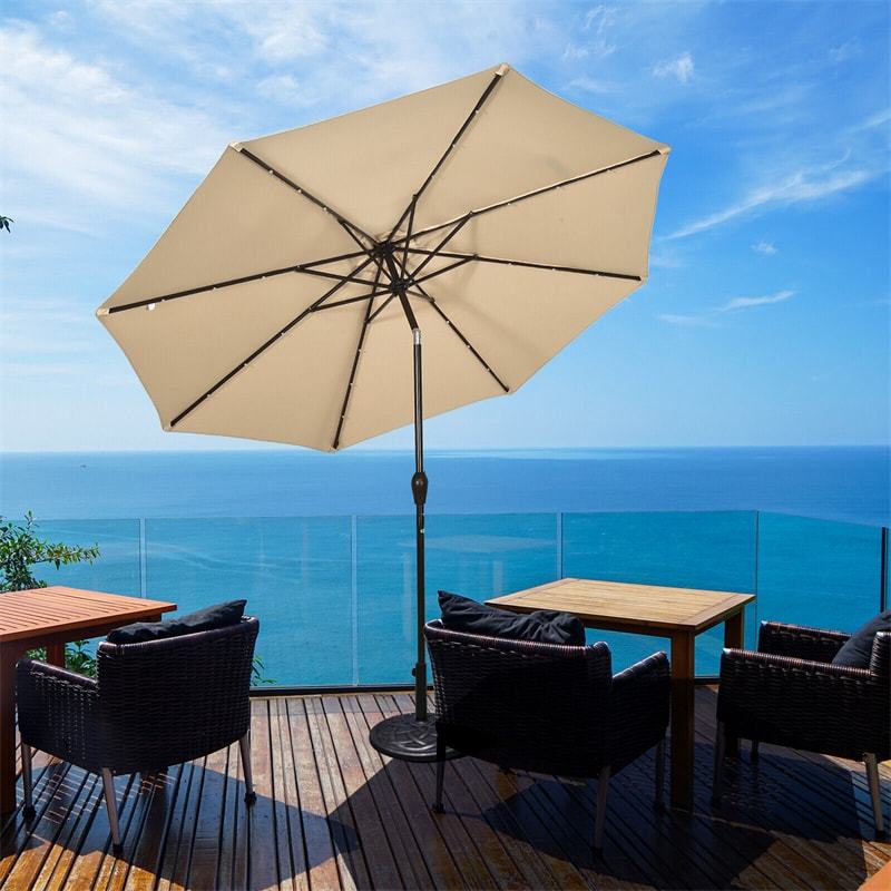 10FT Solar LED Patio Umbrella, Outdoor Steel Market Umbrella with 24 Lights, Crank & Tilt Adjustment for Backyard, Poolside, Garden