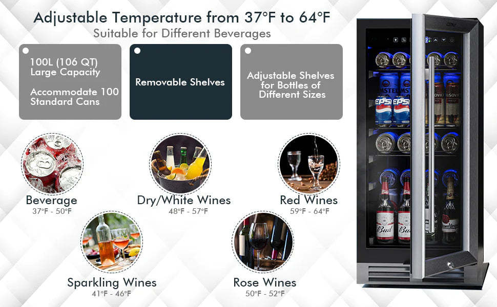 15" Beverage Refrigerator 100-Can Wine Beer Cooler Built-In/Freestanding Mini Drink Fridge with Glass Door & Removable Shelves