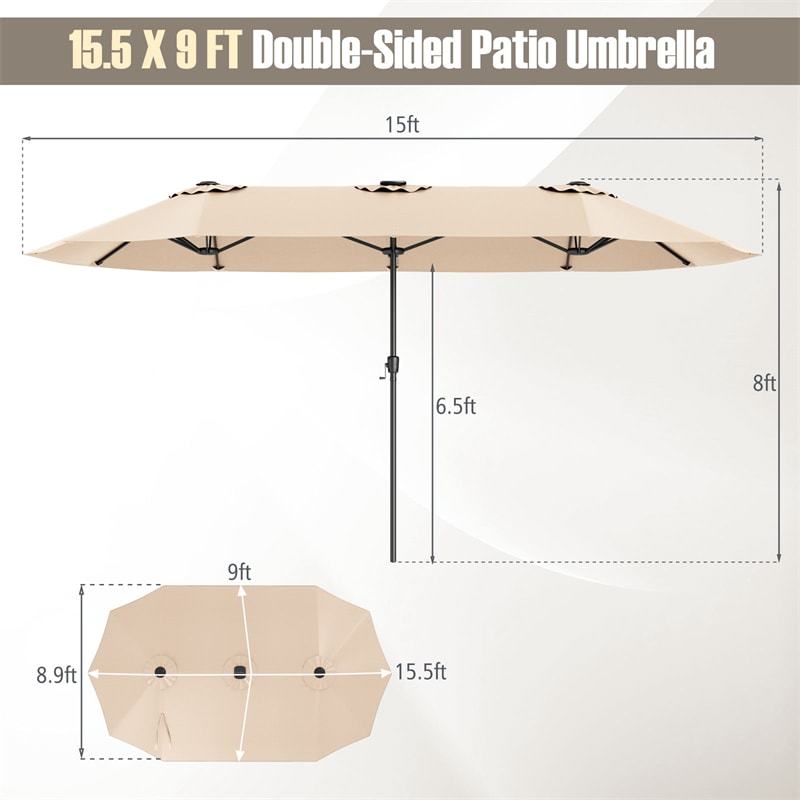 15.5FT Extra Large Patio Umbrella with 144 Solar LED Lights & Crank Handle, 12 Heavy-Duty Ribs Double-Sided Market Umbrella for Deck, Poolside