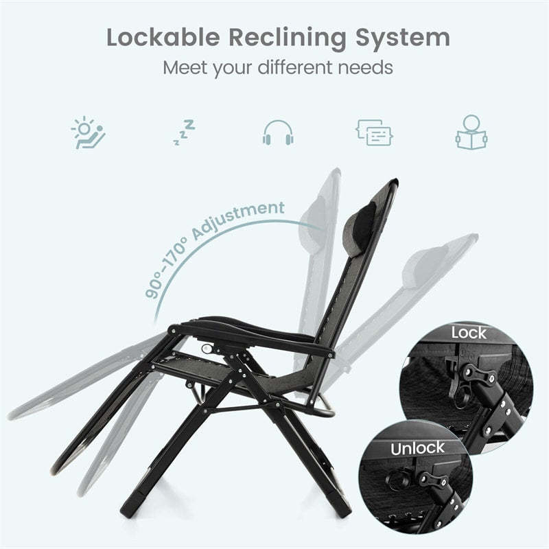 Adjustable Metal Zero Gravity Lounge Chair with Cup Holder Tray, Removable Cushion & Pillow, Folding Reclining Patio Chair for Garden Backyard