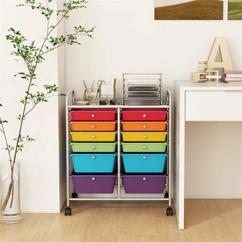 12-Drawer Rolling Storage Cart, Multipurpose Organizer Cart with Lockable Casters, Mobile Utility Cart for School Office Beauty Salon