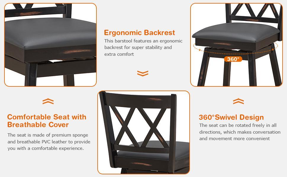 24 Inch Swivel Counter Height Bar Stool Set of 2 with Rubber Wood Legs Upholstered Cushion Backrest