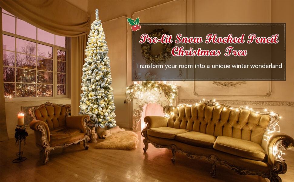 4.5ft Pre-lit Snow Flocked Artificial Pencil Christmas Tree with 150 LED Lights and Metal Stand