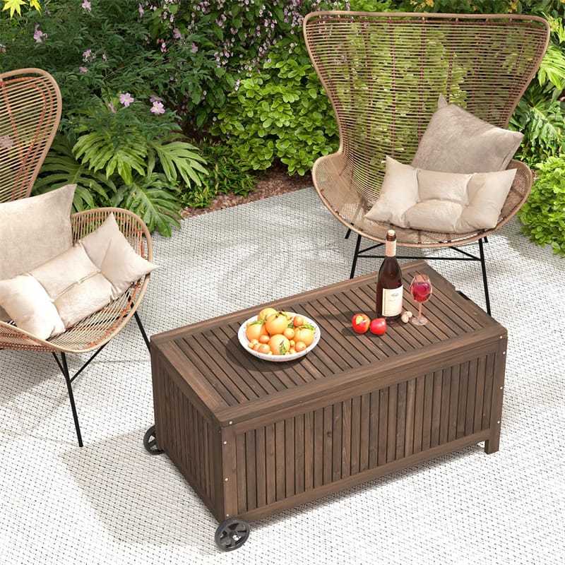 56 Gallon Fir Wood Deck Box Outdoor Storage Box Wooden Patio Storage Bench with Wheels & Removable Waterproof PE Liner for Pillows Garden Tools