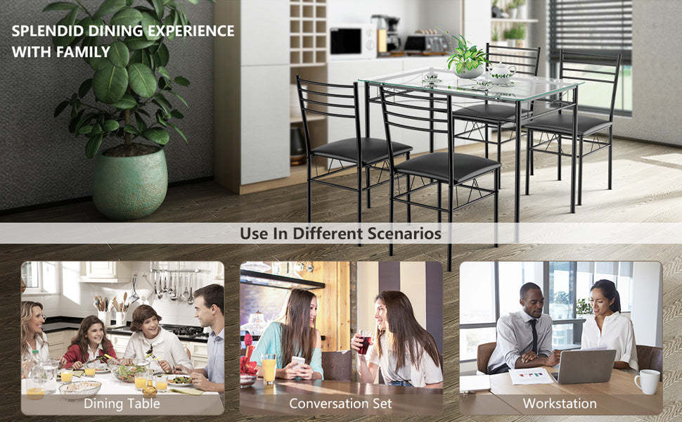 5 Piece Dining Table Set with Glass Top Table & 4 Upholstered Chairs Kitchen Room Furniture