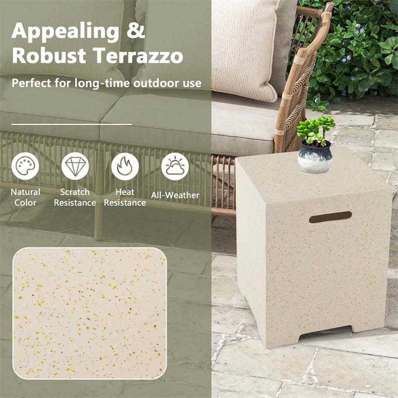16" Terrazzo Hideaway Propane Tank Cover Table 20 LBS Square Gas Tank Holder Side Table with Protective Cover & Side Handles for Gas Fire Pits