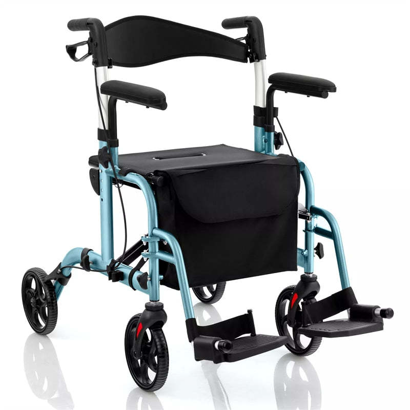 2-in-1 Folding Rollator Walker Wheelchair Combo with Backrest & Adjustable Height, 300lbs Aluminum Mobility Walking Aid for Seniors/Adults