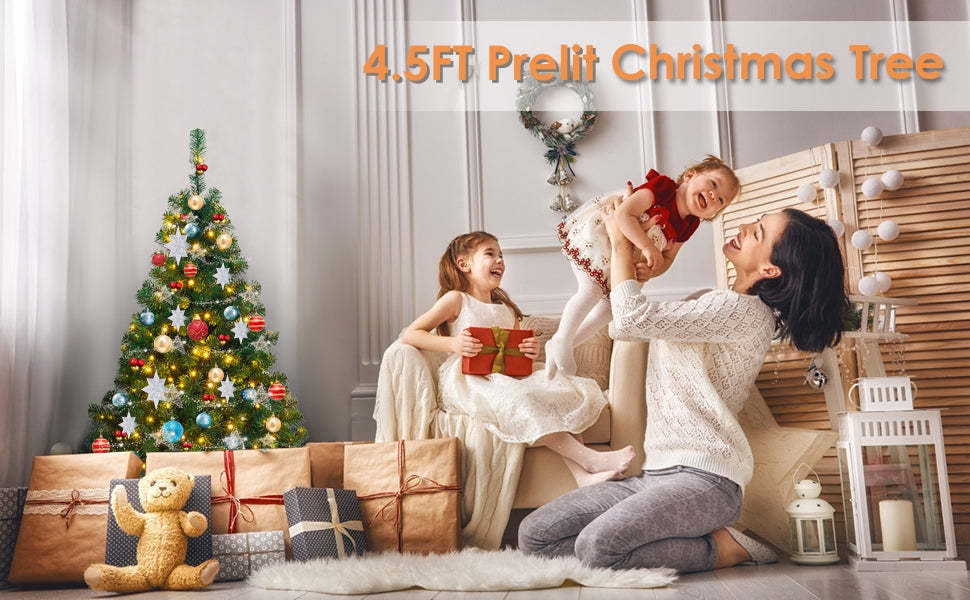 4.5ft Pre-lit Spruce Christmas Tree Hinged Artificial Xmas Tree with 200 LED Lights & Solid Metal Stand