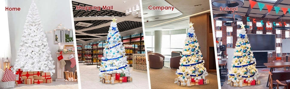 7FT White PVC Hinged Pine Snow-flocked Artificial Christmas Tree with Metal Stand