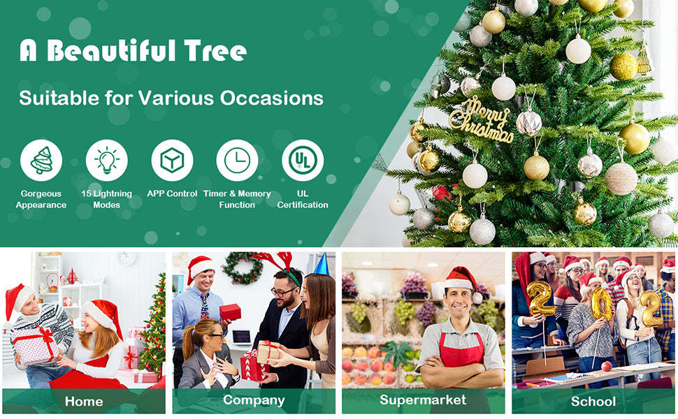 8ft Pre-lit Hinged Artificial Christmas Tree with APP Controlled LED Lights