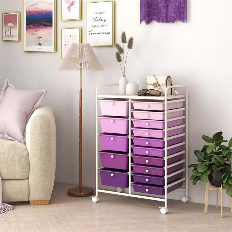 15-Drawer Rolling Storage Cart, Art &  Craft Organizer with Wheels & Removable Drawers for Tools, Scrapbook Paper, Home Office School