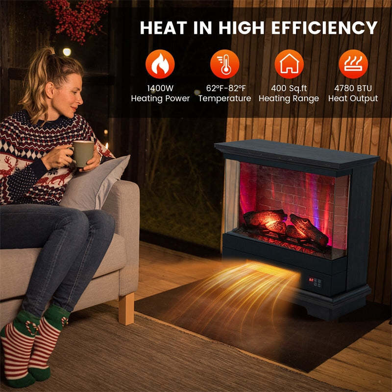 27" Electric Fireplace with Mantel, 1400W Freestanding Heater, 3-Sided Glass View, 7 Flame Colors, Remote Control, 6H Timer, Overheat Protection