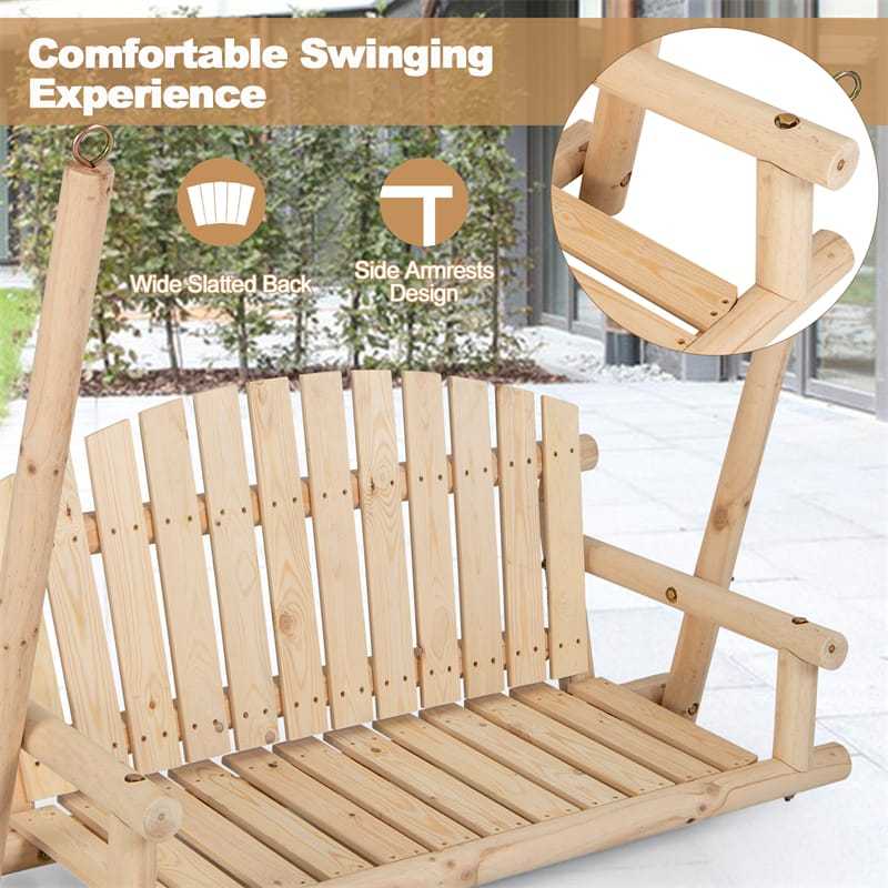 770lbs A-Frame Wooden Patio Swing with Stand, Reinforced Bars & Curved Back, Rustic Torched Log Porch Swing for Garden, Backyard