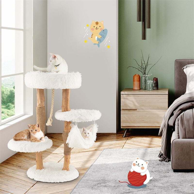 34" Tall Cat Tree Solid Wood Cat Tower Multi-Level Cat Activity Center with Warm Hammock Cozy Top Perch 2 Side Platforms & Jute Scratching Posts