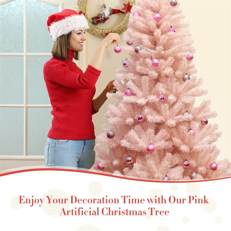 7FT Pink Artificial Christmas Tree Unlit Hinged Spruce Xmas Full Tree with Foldable Metal Stand, 937 Branch Tips for Outdoor Indoor Holiday Decor