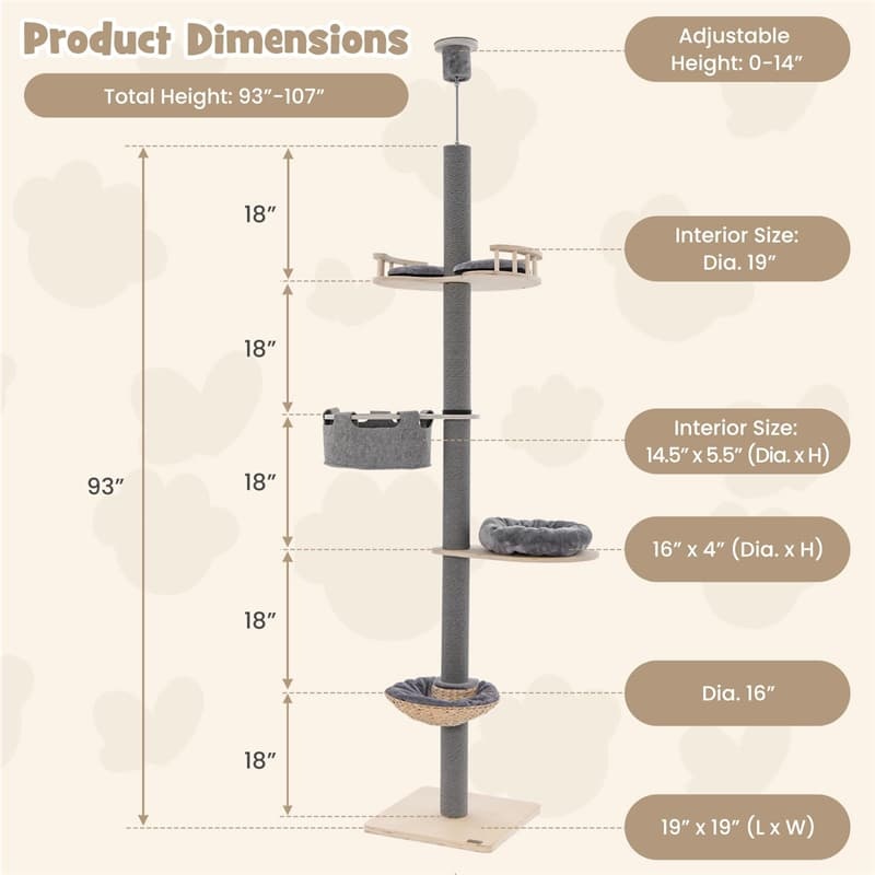 Floor to Ceiling Cat Tree Tower 5 Tier Wooden Cat Climbing Pole 93”-107” Adjustable Height with Scratching Post, Cozy Hammock & Basket Bed