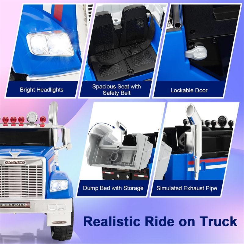 12V Freightliner Kids Ride on Dump Truck with Remote Control Rear Loader Easy-Drag System Lights Music