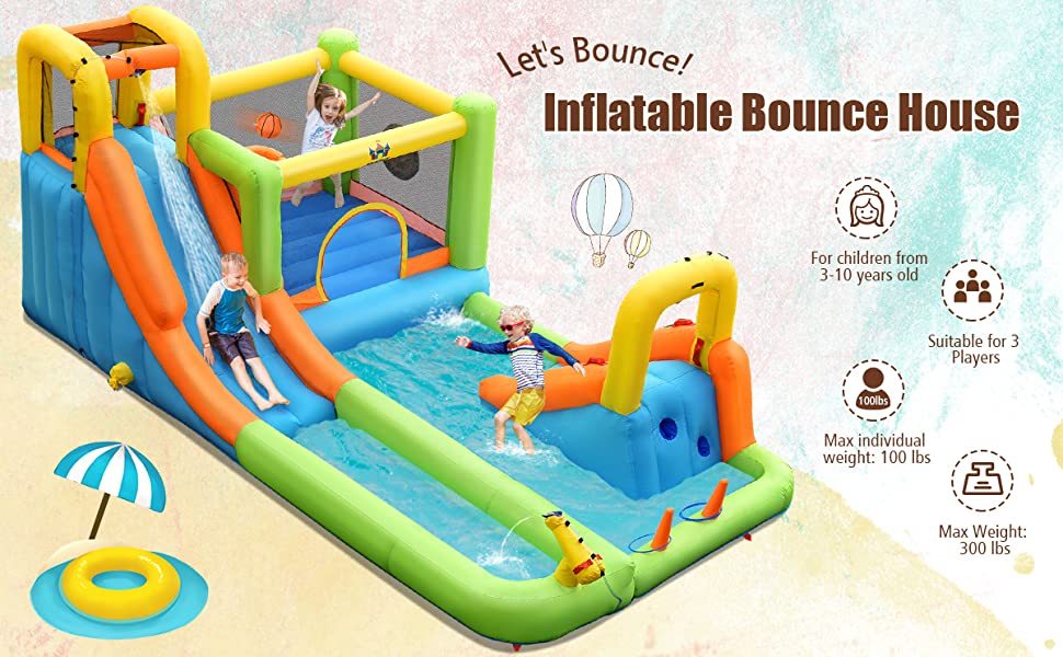 7 in 1 Inflatable Water Slide Park Kids Bounce House Without Blower