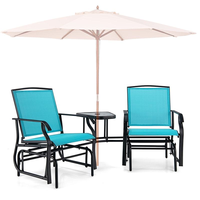 Bestoutdor Double Glider Chairs with Glass Table & Umbrella Hole, Steel Frame Patio 2-Person Rocking Chairs Breathable Fabric