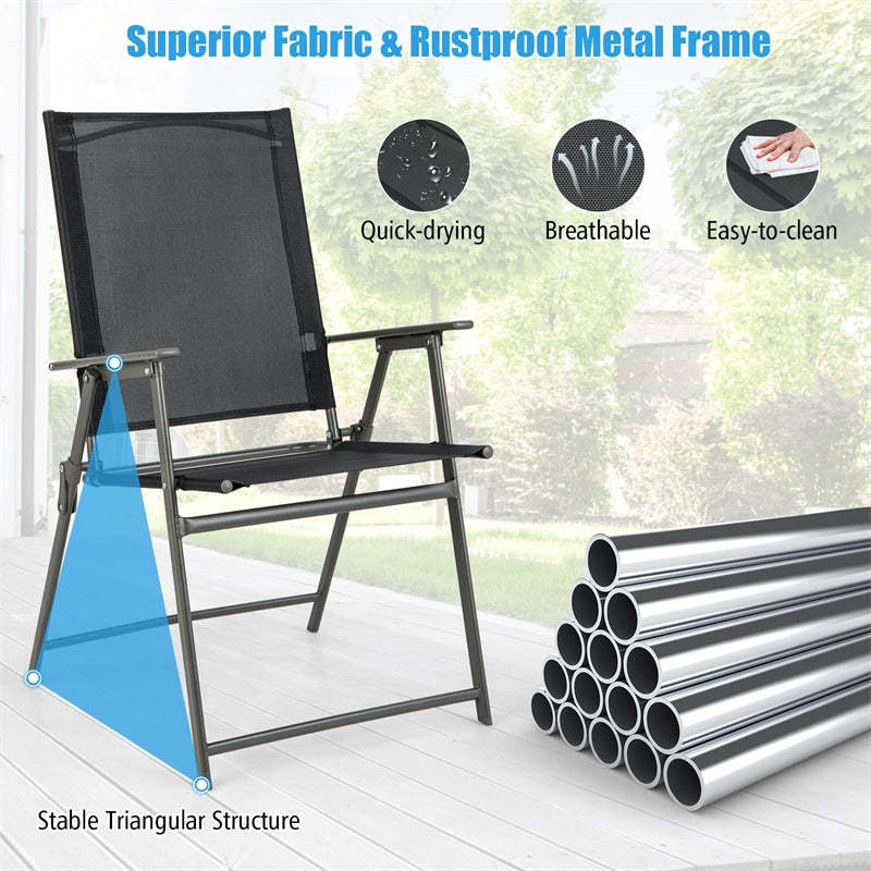 Set of 2 Outdoor Folding Chairs Weather-Resistant High Back Patio Dining Chairs Metal Frame Portable Chair with Armrests & Footrest