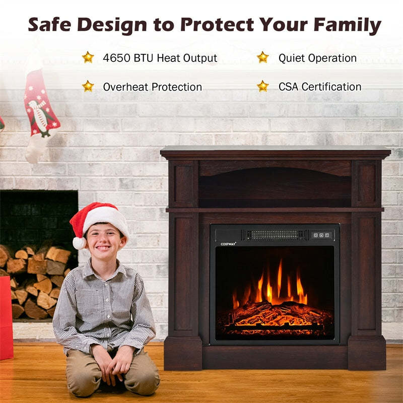 32" Electric Fireplace with Mantel, 1400W Freestanding Heater with Adjustable Flame, Remote Control, Thermostat & Storage Shelf for Living Room