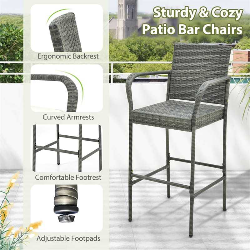Patio Wicker Bar Stools Set of 2 Heavy Duty Frame Outdoor PE Rattan Bar Chairs 29.5" High Back Barstools with Armrests & Soft Cushions