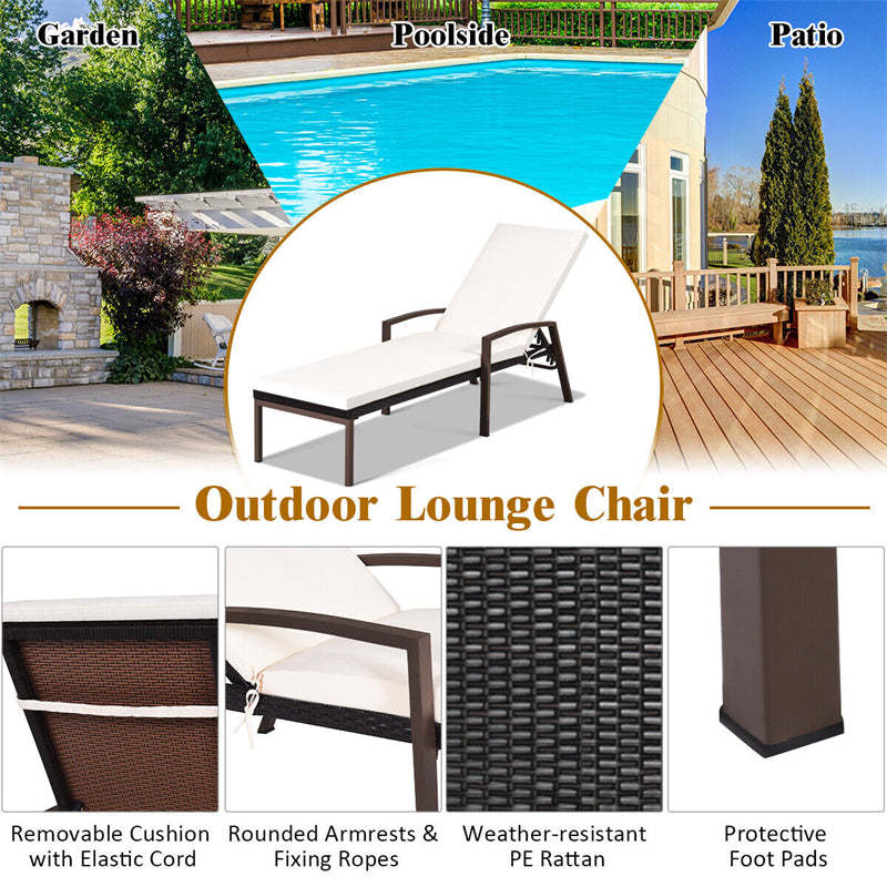 Patio Rattan Lounge Chair with Cushion, Armrest, Adjustable Backrest, Wicker Outdoor Chaise Lounge Sun Lounger for Garden, Balcony, Poolside