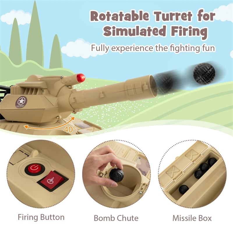 Kids Ride On Tank 12V Battery Powered Electric Tank Car with Rubber Tracks, Rotatable Turret & Working Cannon for Boys Girls Aged 3-8