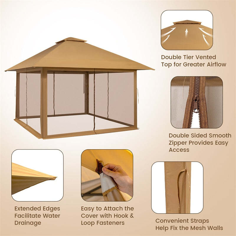 13 x 13FT Patio Pop-Up Gazebo 2-Tier Outdoor Instant Canopy Tent with UV50+ Mesh Sidewalls & Wheeled Bag