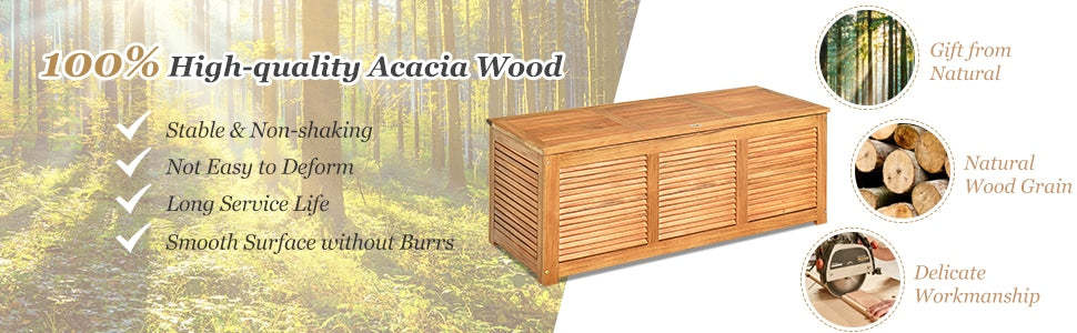 47 Gallon Acacia Wood Deck Box Outdoor Storage Bench for Garden Backyard