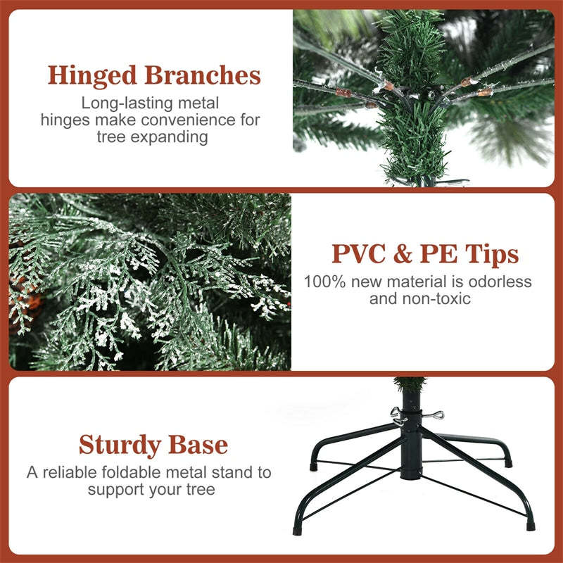 8ft Snow Flocked Christmas Tree Hinged Artificial Xmas Tree with 1651 Branch Tips