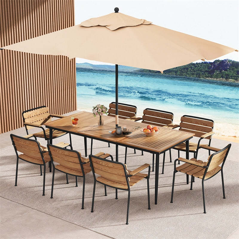 79" Acacia Wood Outdoor Patio Table, 8-Person Rectangular Dining Table w/ 1.9" Umbrella Hole, Metal Frame, Adjustable Foot Pads for Poolside, Backyard