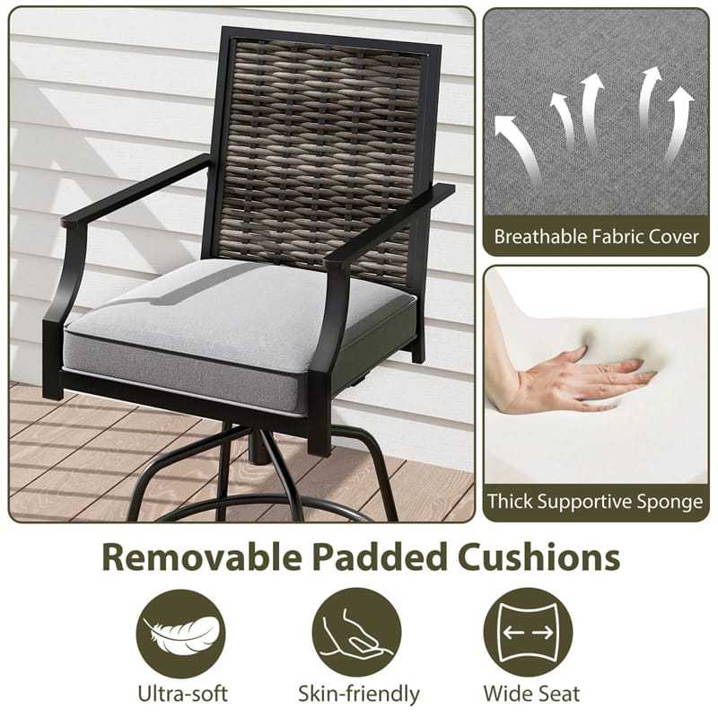 Outdoor PE Wicker Swivel Bar Stools Set of 2, Metal Counter Height Patio Chairs with Back & Cushions for Patio, Backyard & Poolside