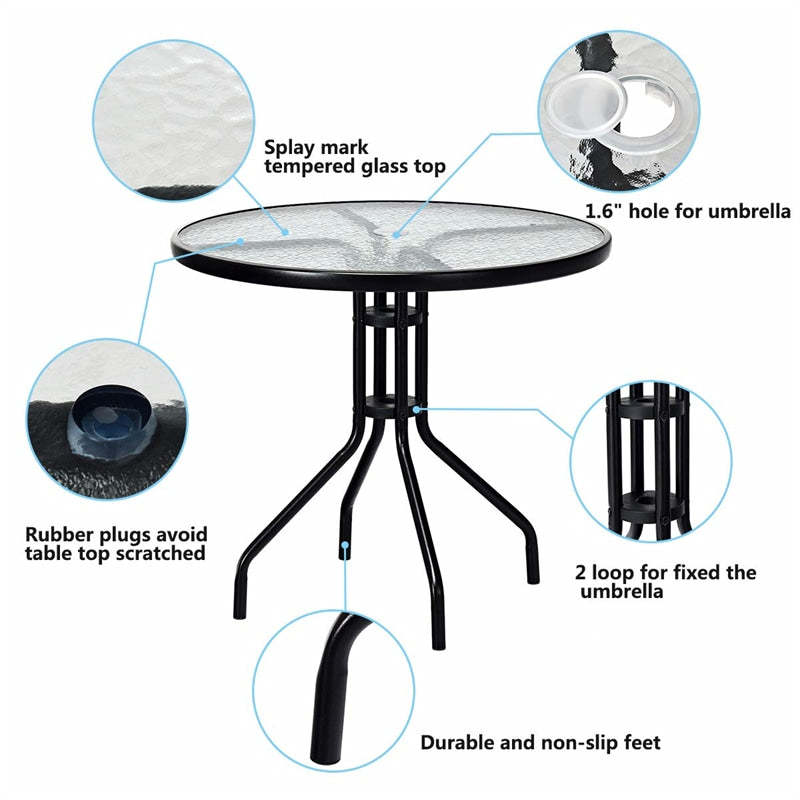 32" Round Outdoor Dining Table All Weather Patio Side Table with Umbrella Hole, Tempered Glass Top & Steel Frame